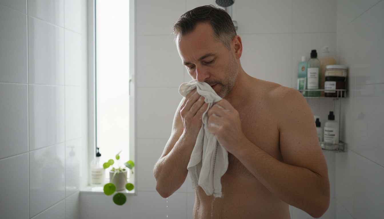 Ένας άνδρας φροντίζει την επιδερμίδα του χρησιμοποιώντας ένα φυσικό αφρόλουτρο.