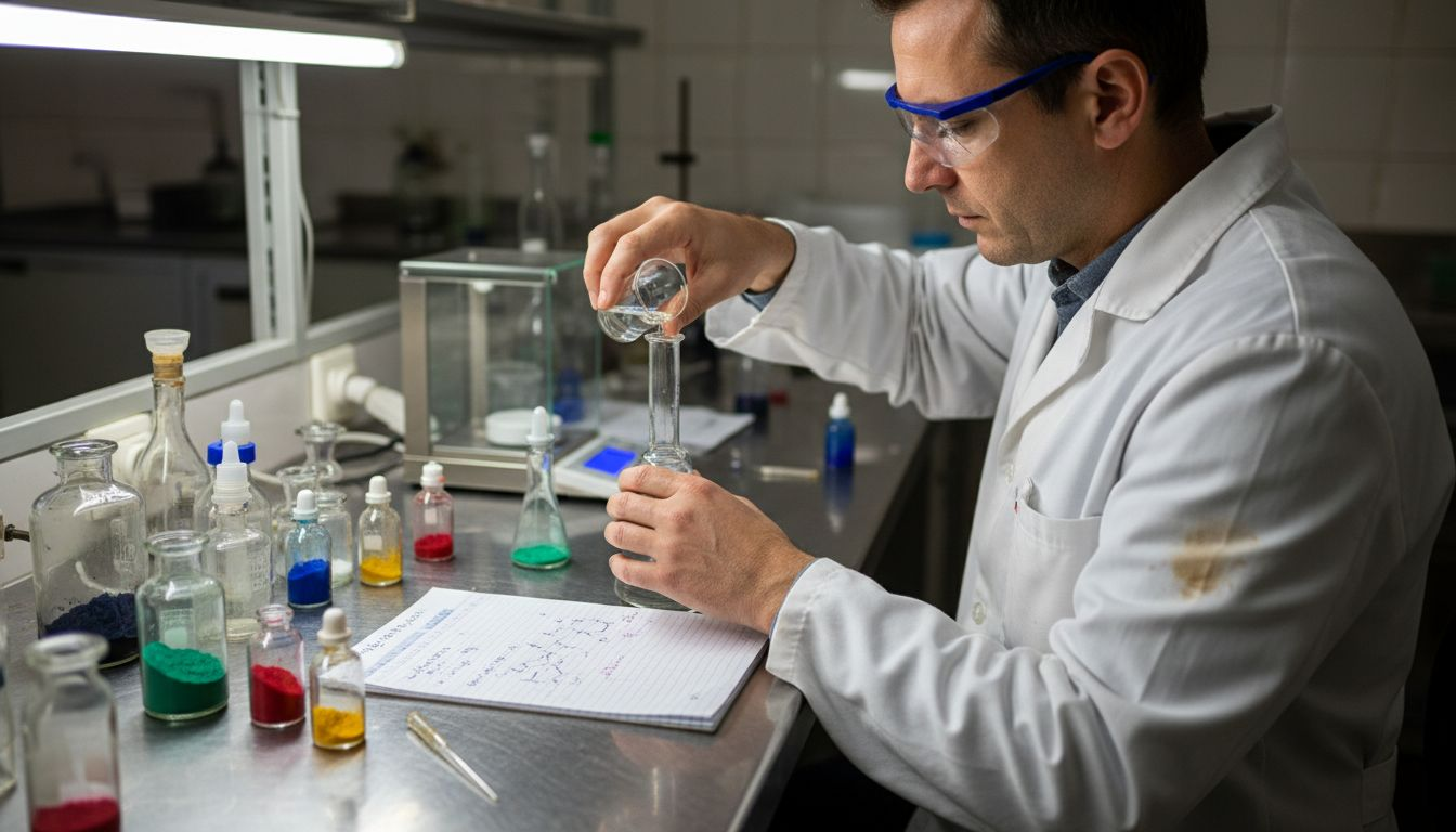 Ειδικός παρασκευάζει καλλυντικά σε εργαστηριακό περιβάλλον.