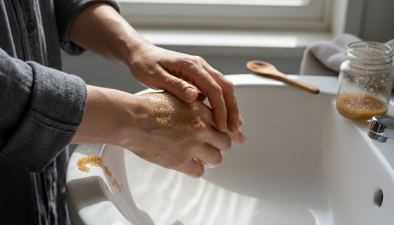 Χέρια απλώνουν scrub με ζάχαρη στο μπράτσο για απολέπιση και απαλότητα.