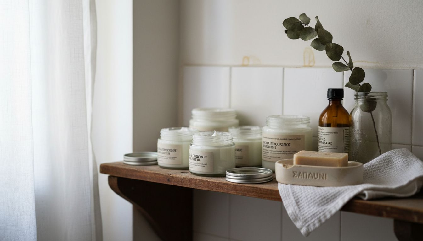 Λεπτομέρεια από ράφι με βιολογικά καλλυντικά