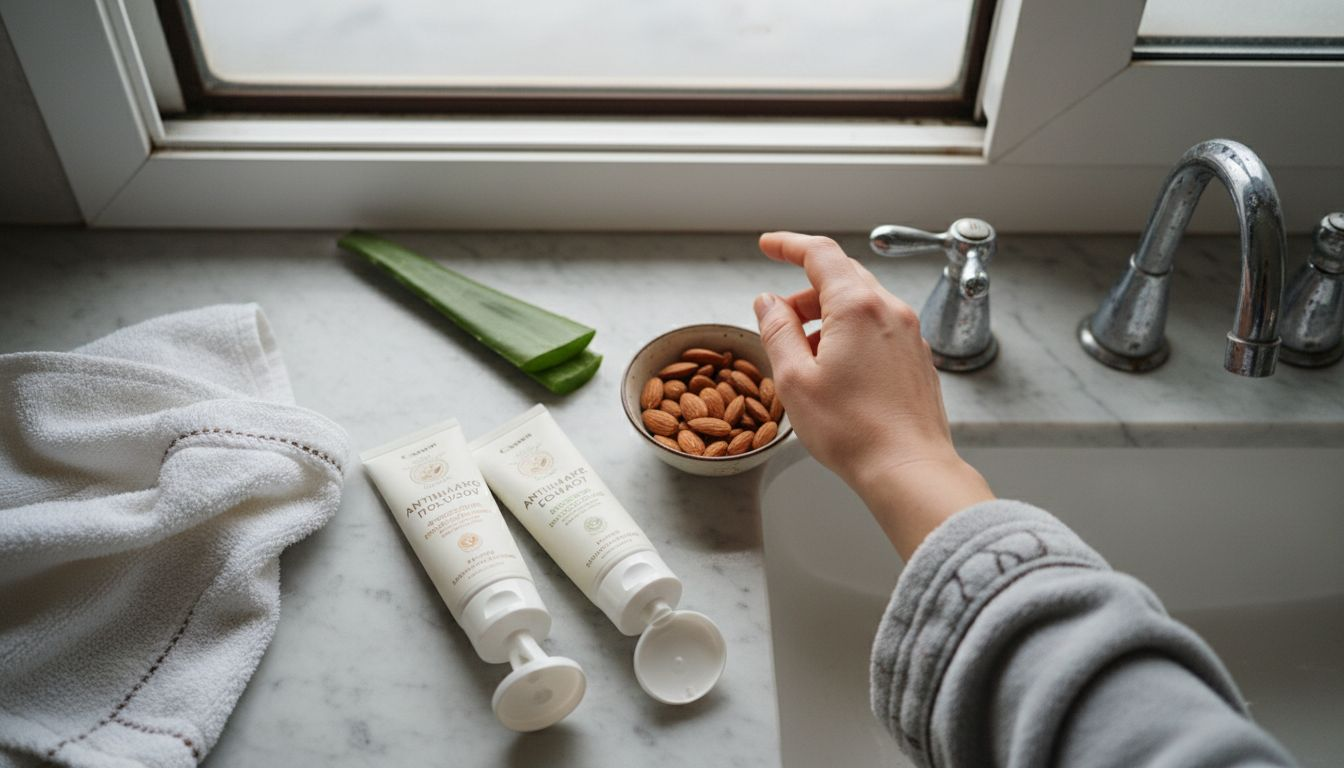 Στον πάγκο είναι τοποθετημένα σωληνάρια από vegan αντηλιακό μαζί με φυσικά συστατικά, ιδανικά για όσους προσέχουν τη φροντίδα του δέρματός τους με οικολογική συνείδηση.