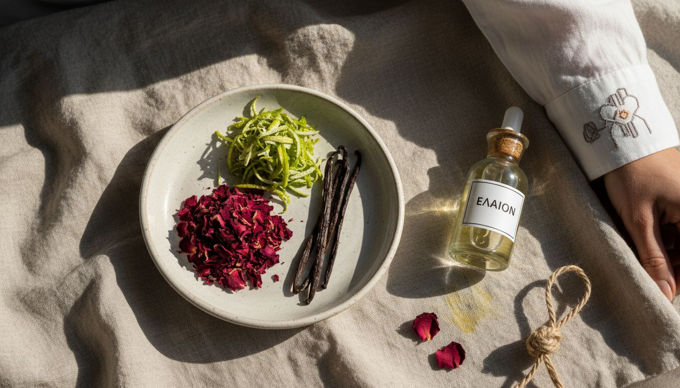 Φυσικά συστατικά αρωμάτων τοποθετημένα σε κεραμικό πιάτο, από ψηλά