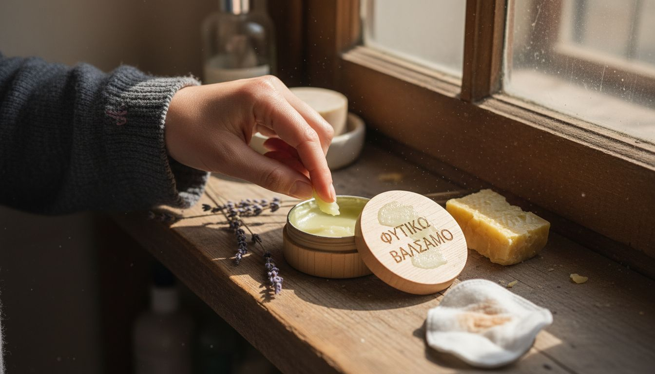 Ένα χέρι παίρνει προσεκτικά μια πυκνή φυτική κρέμα από το βαζάκι.