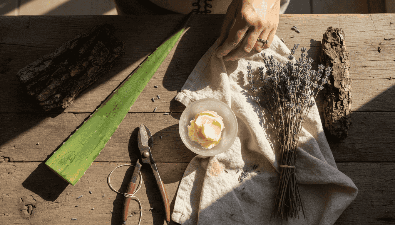 Φυσικά συστατικά για βιολογικά καλλυντικά απλωμένα στο τραπέζι