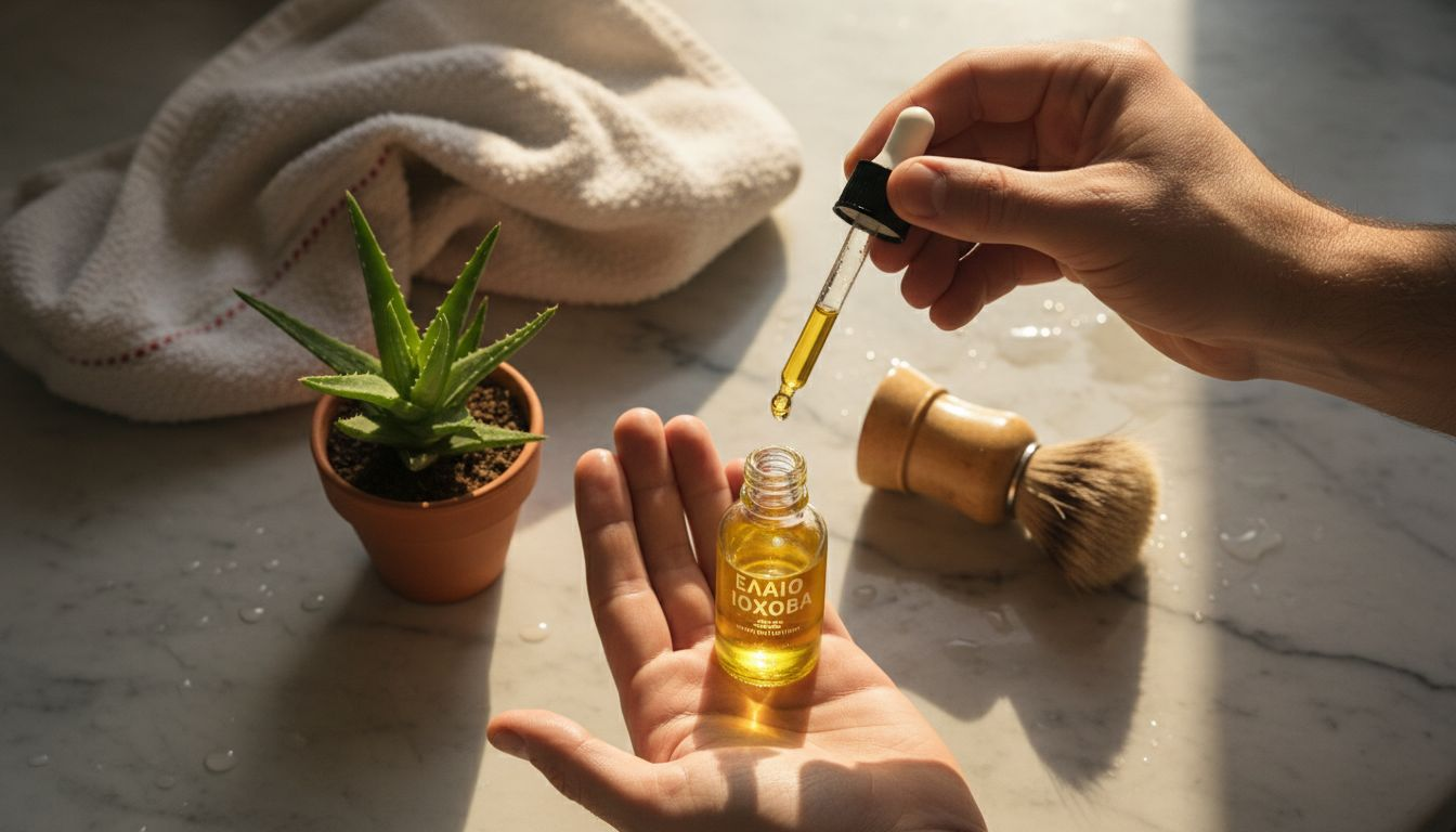 Τα χέρια σε κοντινό πλάνο απλώνουν λάδι jojoba με απαλές κινήσεις.