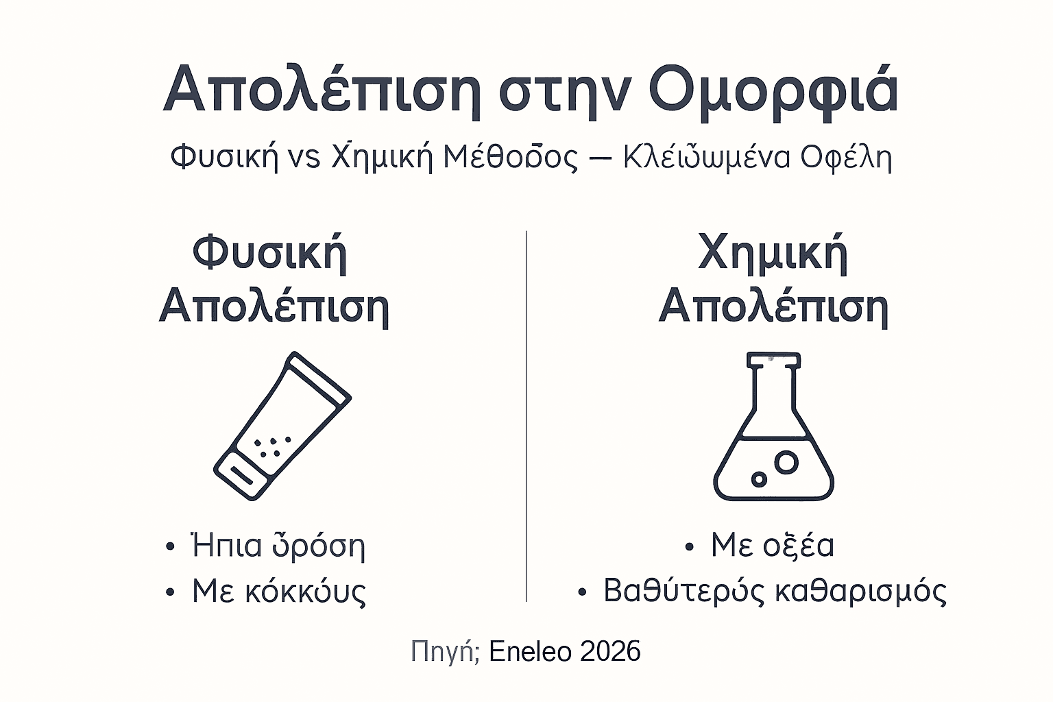 Γραφικό με σύγκριση ανάμεσα σε φυσική και χημική απολέπιση: ποια είναι τα βασικά τους χαρακτηριστικά, πότε προτιμάμε τη μία ή την άλλη, και ποια ταιριάζει καλύτερα στον τύπο της επιδερμίδας μας.