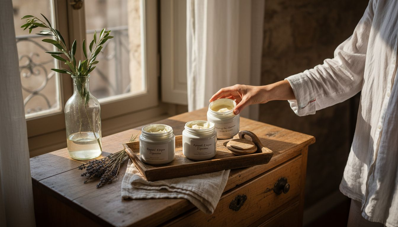 Φυσικές κρέμες σώματος με άρωμα λεβάντας, όμορφα τοποθετημένες σε δίσκο