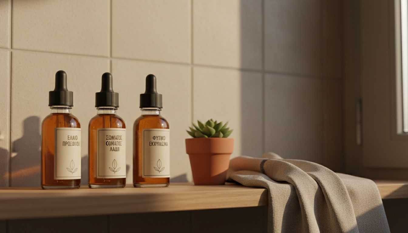 Γυάλινα μπουκαλάκια με φυσικά έλαια φυτών τακτοποιημένα στο ράφι του μπάνιου, προσθέτουν μια πινελιά φρεσκάδας και κομψότητας στον χώρο.