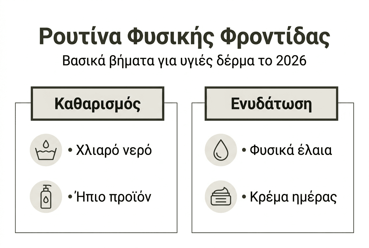 Εικονογραφημένος οδηγός με βασικά βήματα για φυσική περιποίηση της επιδερμίδας