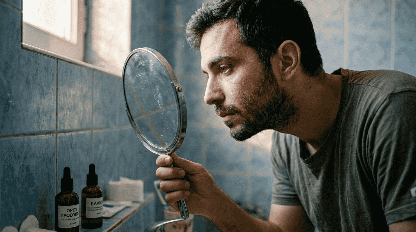 Άνδρας εξετάζει τον τύπο της επιδερμίδας του μπροστά στον καθρέφτη του μπάνιου.