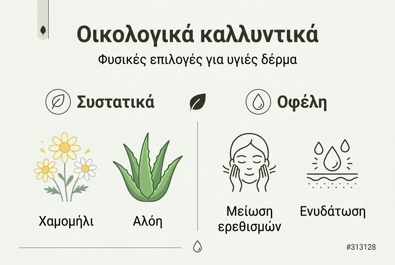 Γραφικό με τα βασικά συστατικά και τα οφέλη των οικολογικών καλλυντικών