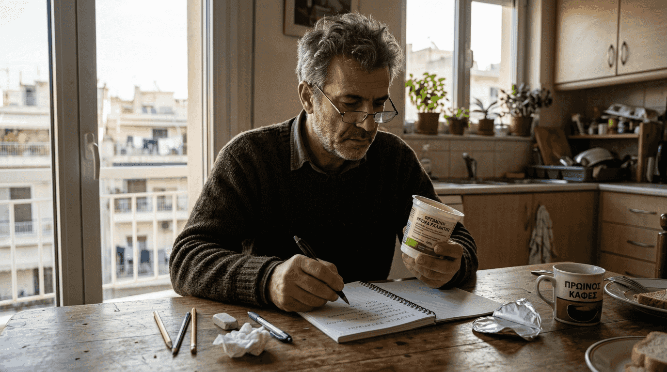 Ένας άντρας κοιτάζει προσεκτικά τα συστατικά μιας οικολογικής κρέμας