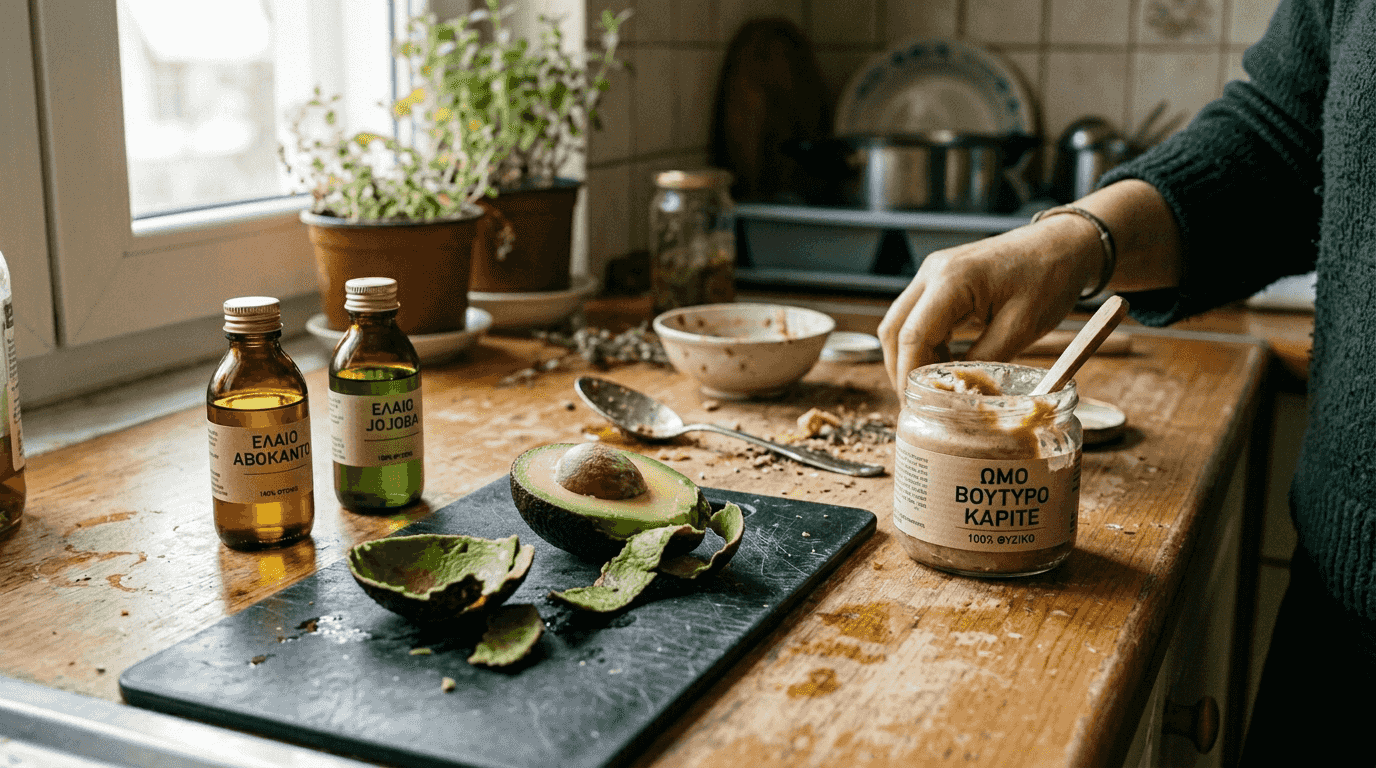 Φυτικά έλαια με αβοκάντο και βούτυρο καριτέ, τοποθετημένα στο τραπέζι, έτοιμα να προσφέρουν ενυδάτωση και φροντίδα.
