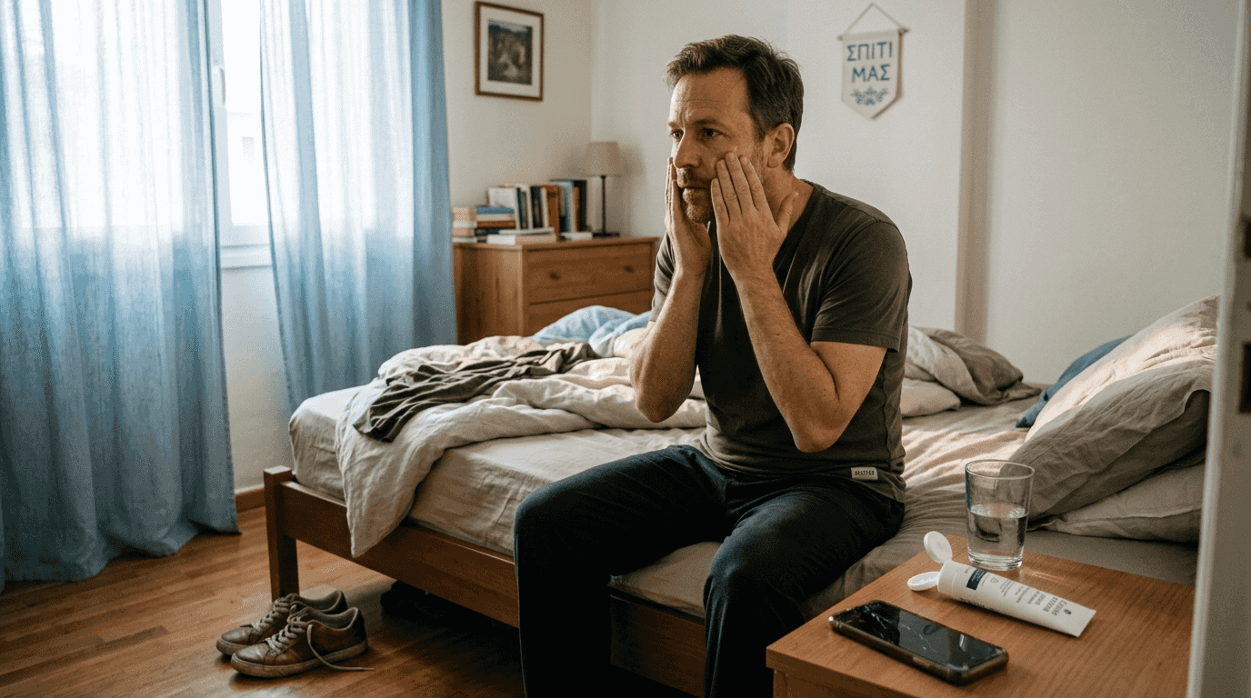 Ένας άνδρας φροντίζει το πρόσωπό του με μια φυσική ενυδατική κρέμα.