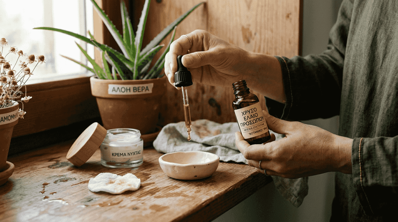 Χέρια απλώνουν φυτικό έλαιο προσώπου για περιποίηση της επιδερμίδας