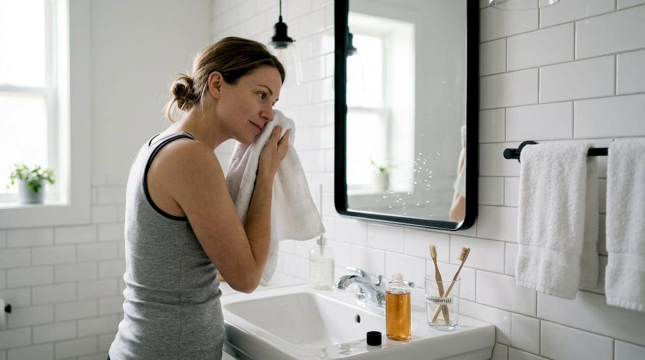 Ένας νεαρός σκουπίζει το πρόσωπό του μετά το πλύσιμο.