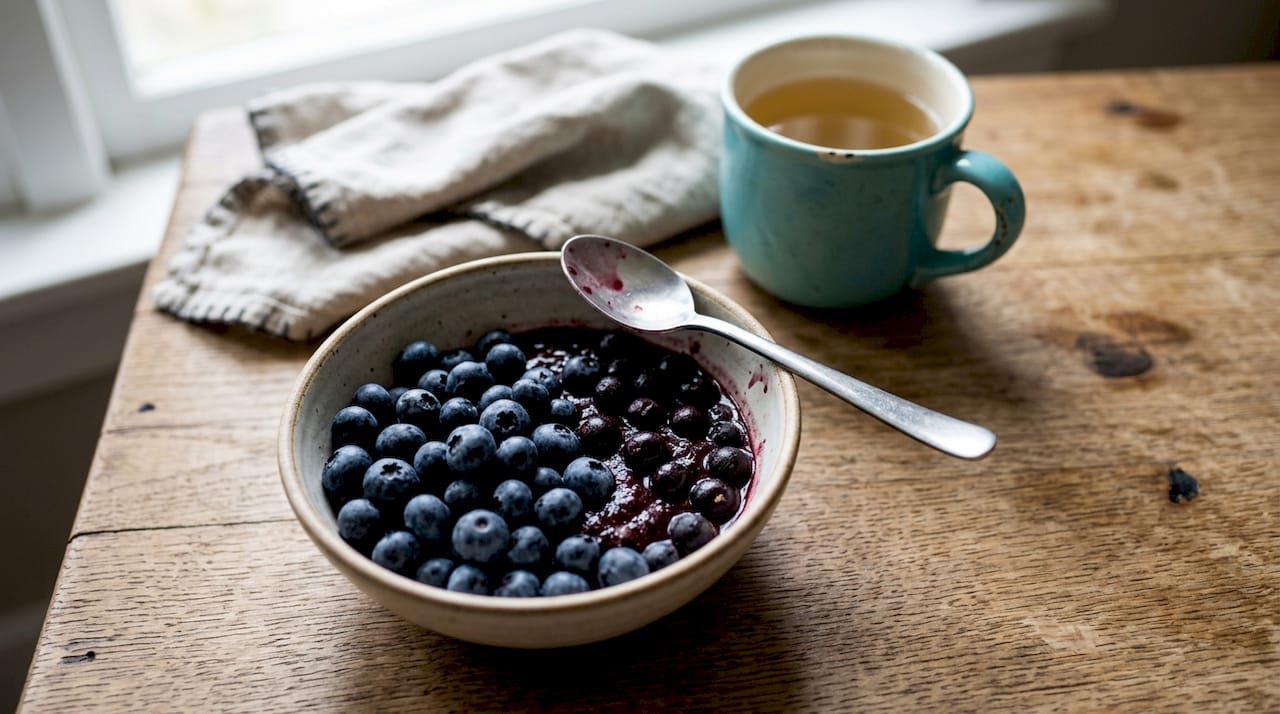 Λεπτομερής φωτογραφία με ένα μπολ γεμάτο μύρτιλα και ακάι