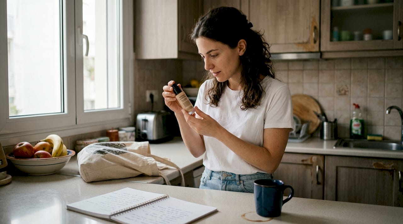 Ένας άντρας διαβάζει προσεκτικά τα συστατικά ενός προϊόντος μακιγιάζ στην κουζίνα του.