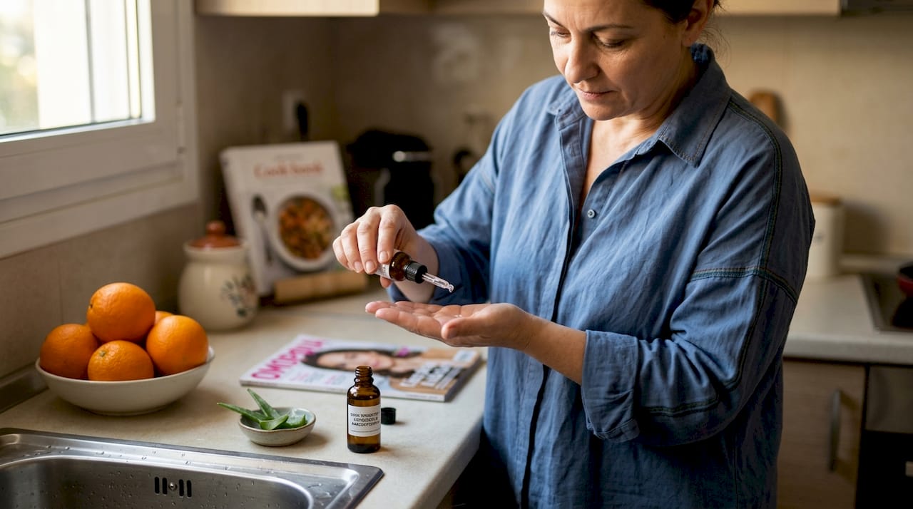 Ένας άνδρας ετοιμάζει ορό βιταμίνης C στην κουζίνα του.