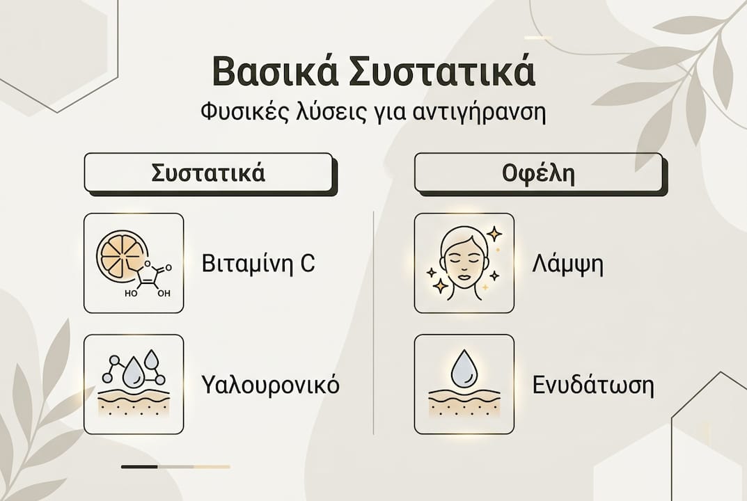 Γραφικό με τα πιο σημαντικά φυσικά συστατικά που βοηθούν στην αντιγήρανση