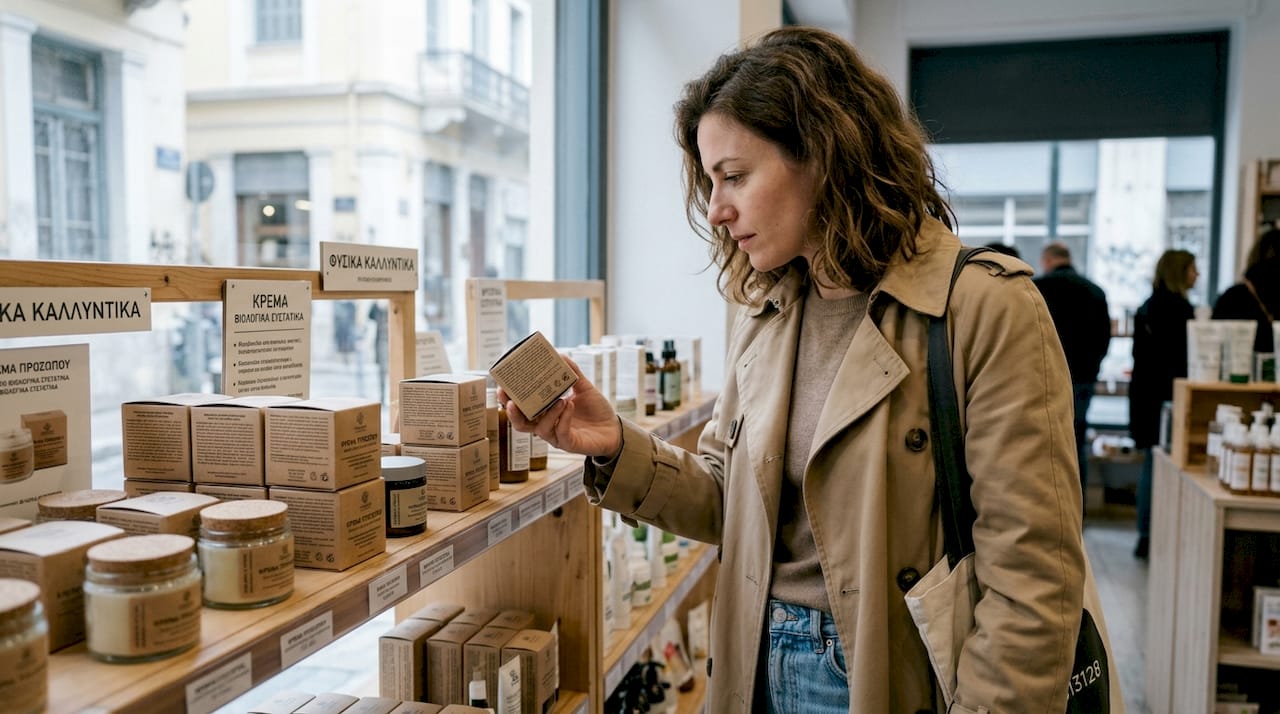 Μια γυναίκα εξετάζει προσεκτικά το κουτί με βιολογικά καλλυντικά στο ράφι.