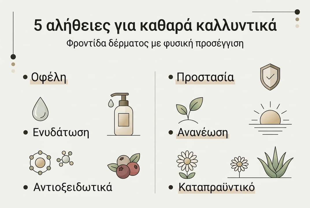 Οπτική παρουσίαση με τα πλεονεκτήματα των φυσικών συστατικών στα καλλυντικά προϊόντα