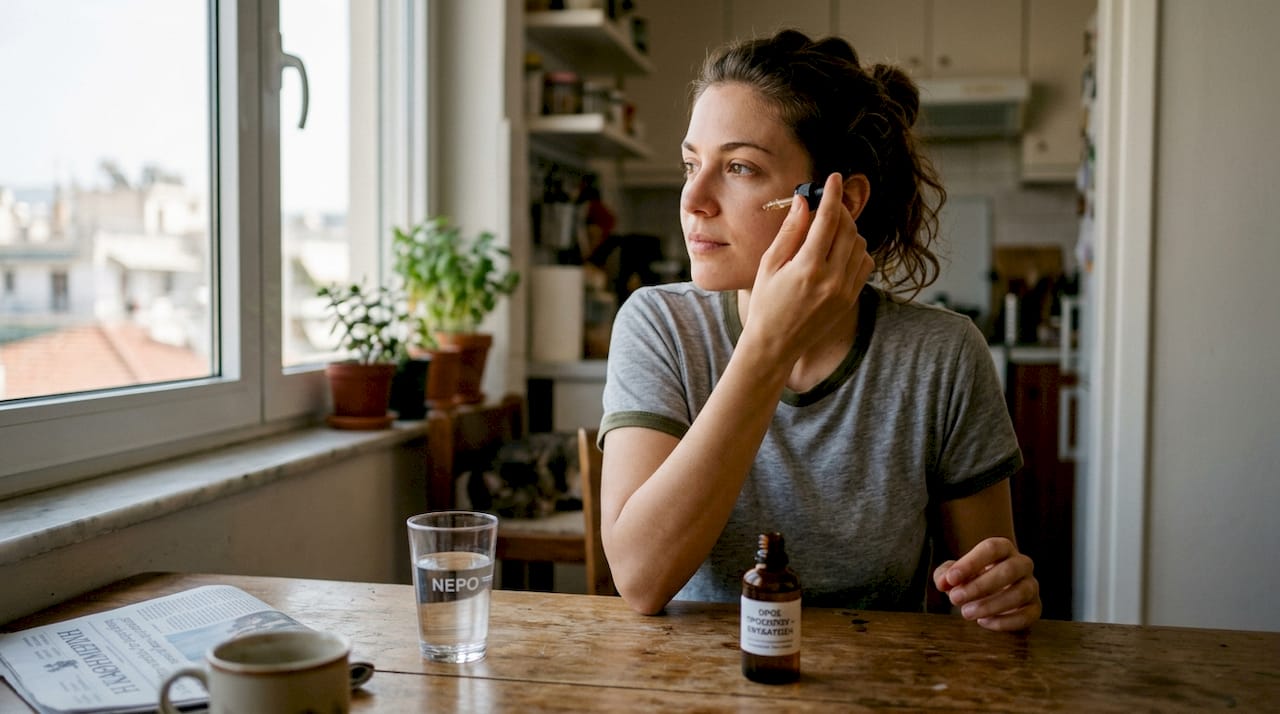 Μια γυναίκα απλώνει στο πρόσωπό της serum με φυσικά συστατικά, φροντίζοντας την επιδερμίδα της με απαλότητα και προσοχή.