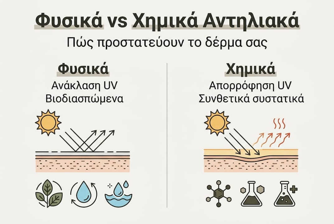 Γραφικό με συγκριτικό πίνακα ανάμεσα σε φυσικά και χημικά αντηλιακά