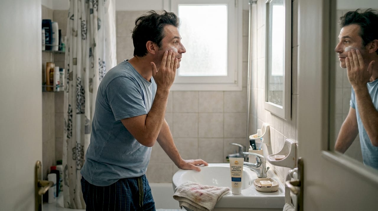 Ένας άνδρας απλώνει αντηλιακό με μεταλλικά φίλτρα στο μπάνιο του.