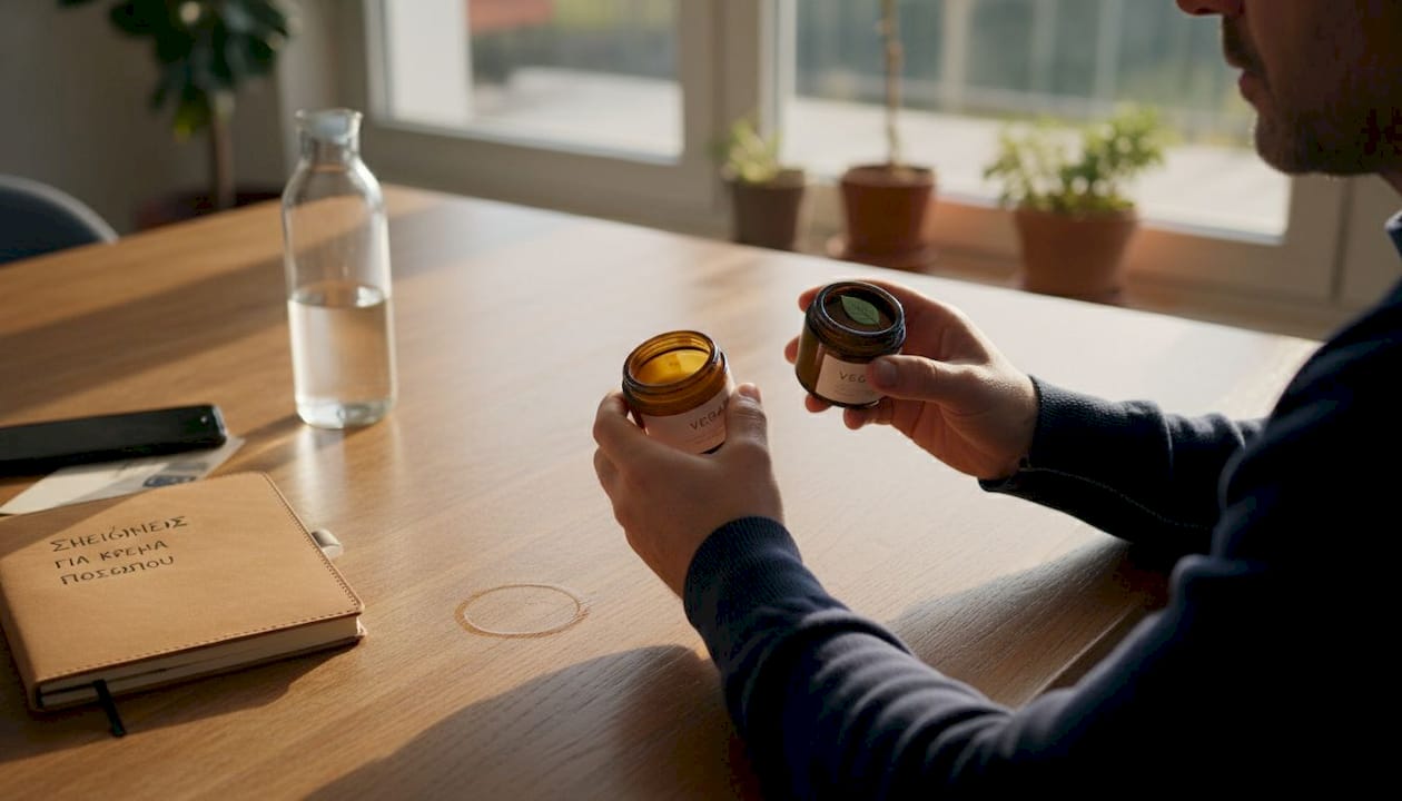 Χέρια κρατούν και συγκρίνουν δύο βαζάκια ενυδατικής κρέμας