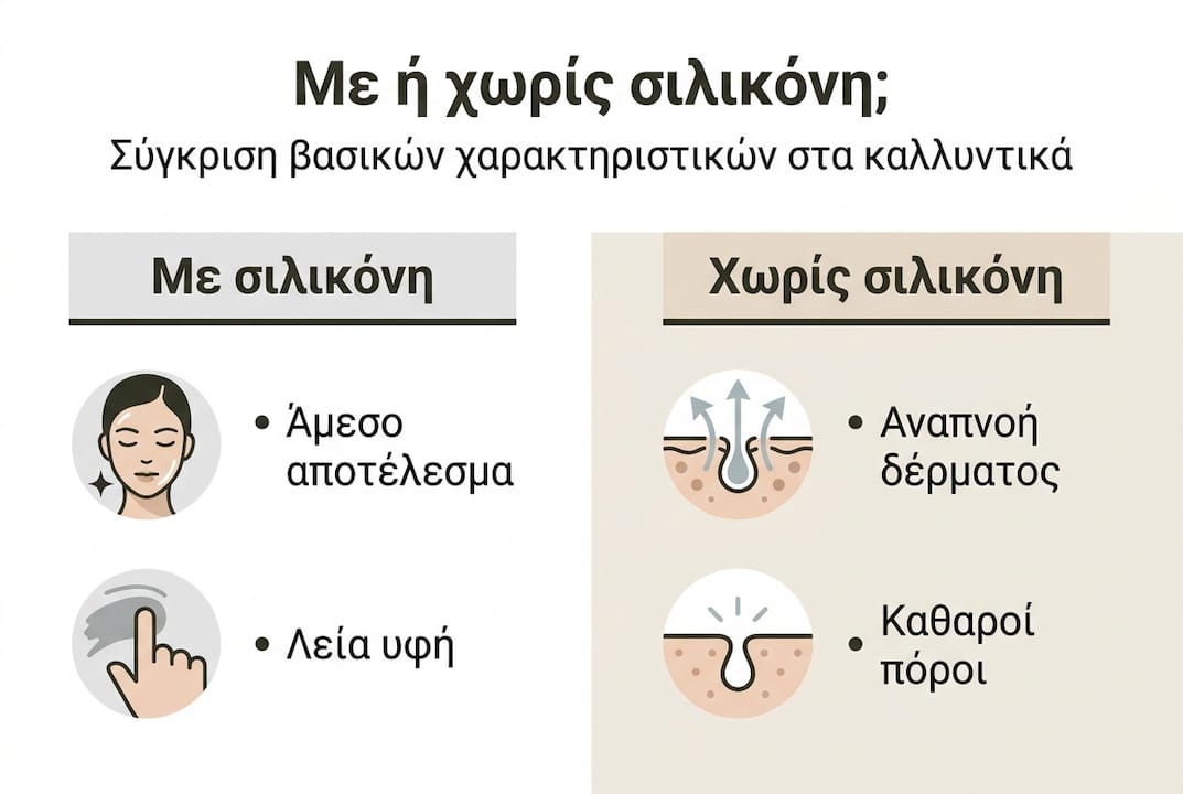 Γραφικό με σύγκριση ανάμεσα σε καλλυντικά με σιλικόνη και χωρίς σιλικόνη