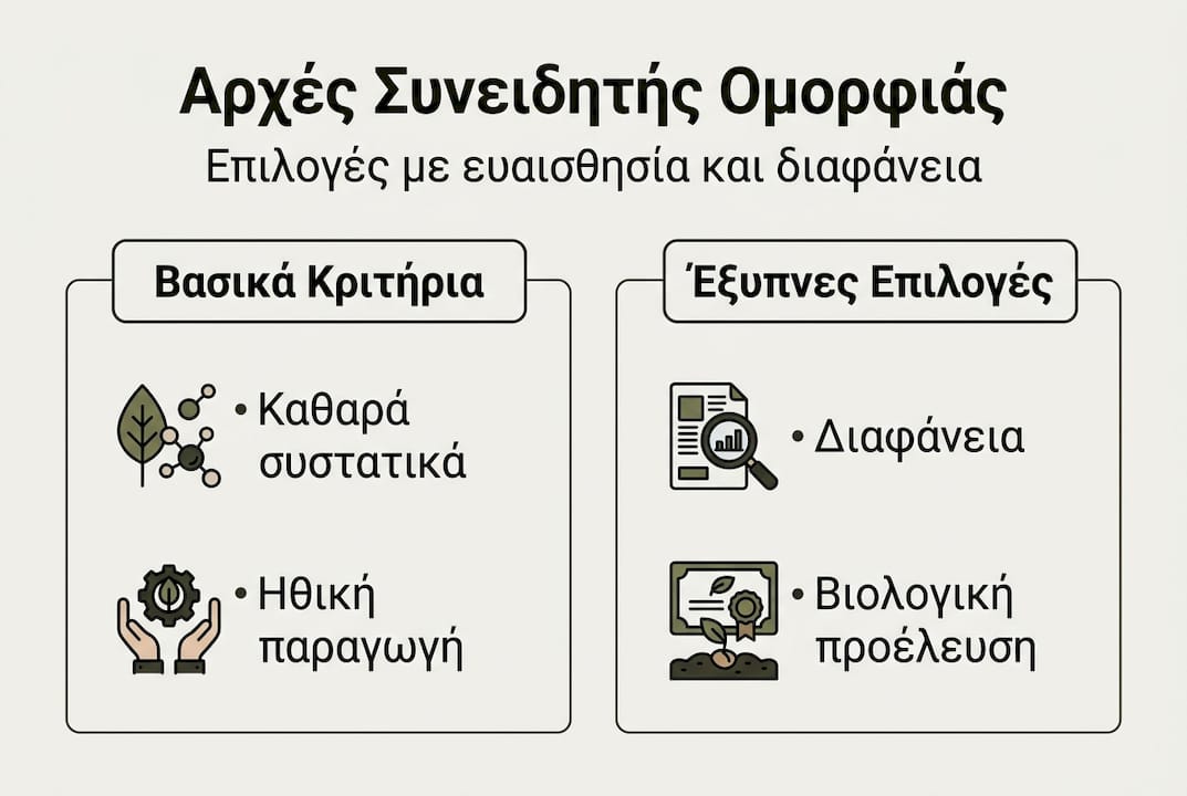 Εντυπωσιακό infographic με βασικές αρχές της συνειδητής ομορφιάς, παρουσιασμένες στα ελληνικά