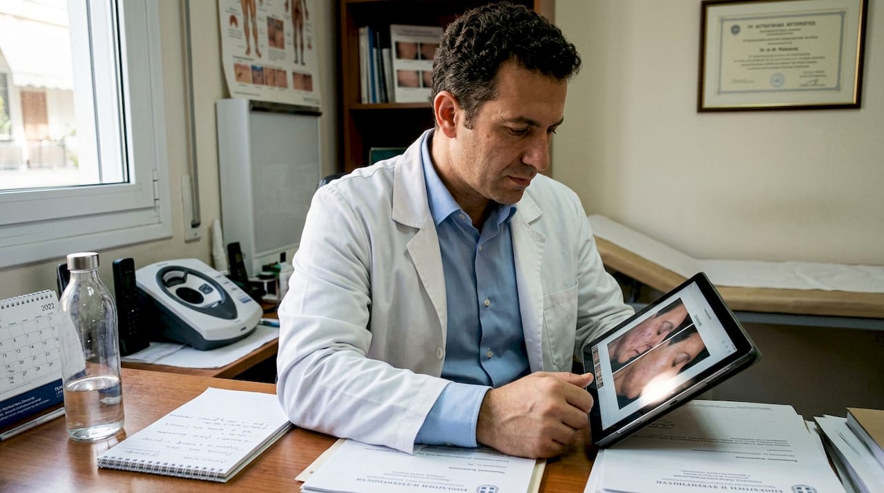 Ο δερματολόγος εξετάζει φωτογραφίες που δείχνουν τη βελτίωση της επιδερμίδας.