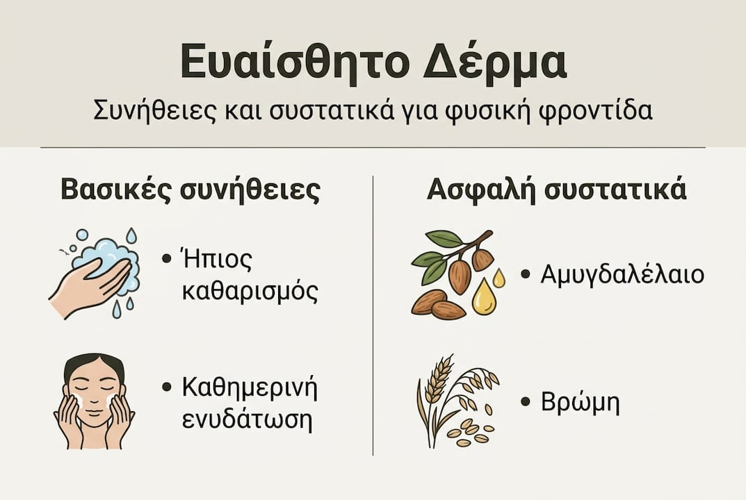 Οδηγός με καθημερινές συνήθειες και βασικά συστατικά που αγαπούν το ευαίσθητο δέρμα