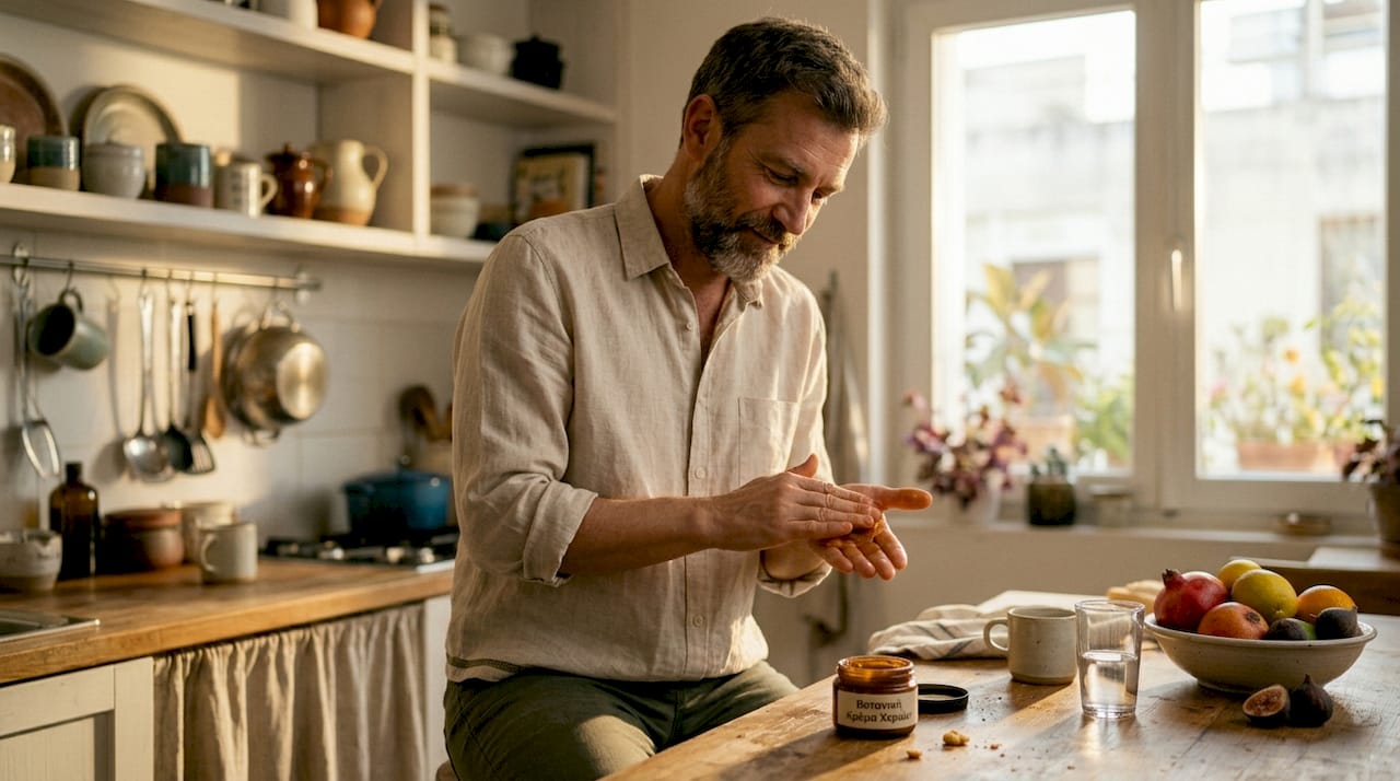 Ένας άντρας επιλέγει να περιποιηθεί το δέρμα του με μια ενυδατική κρέμα που δεν έχει δοκιμαστεί σε ζώα.