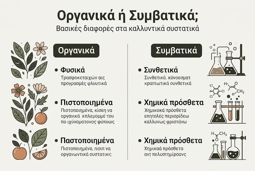 Εικονογραφημένη σύγκριση βιολογικών και συμβατικών συστατικών