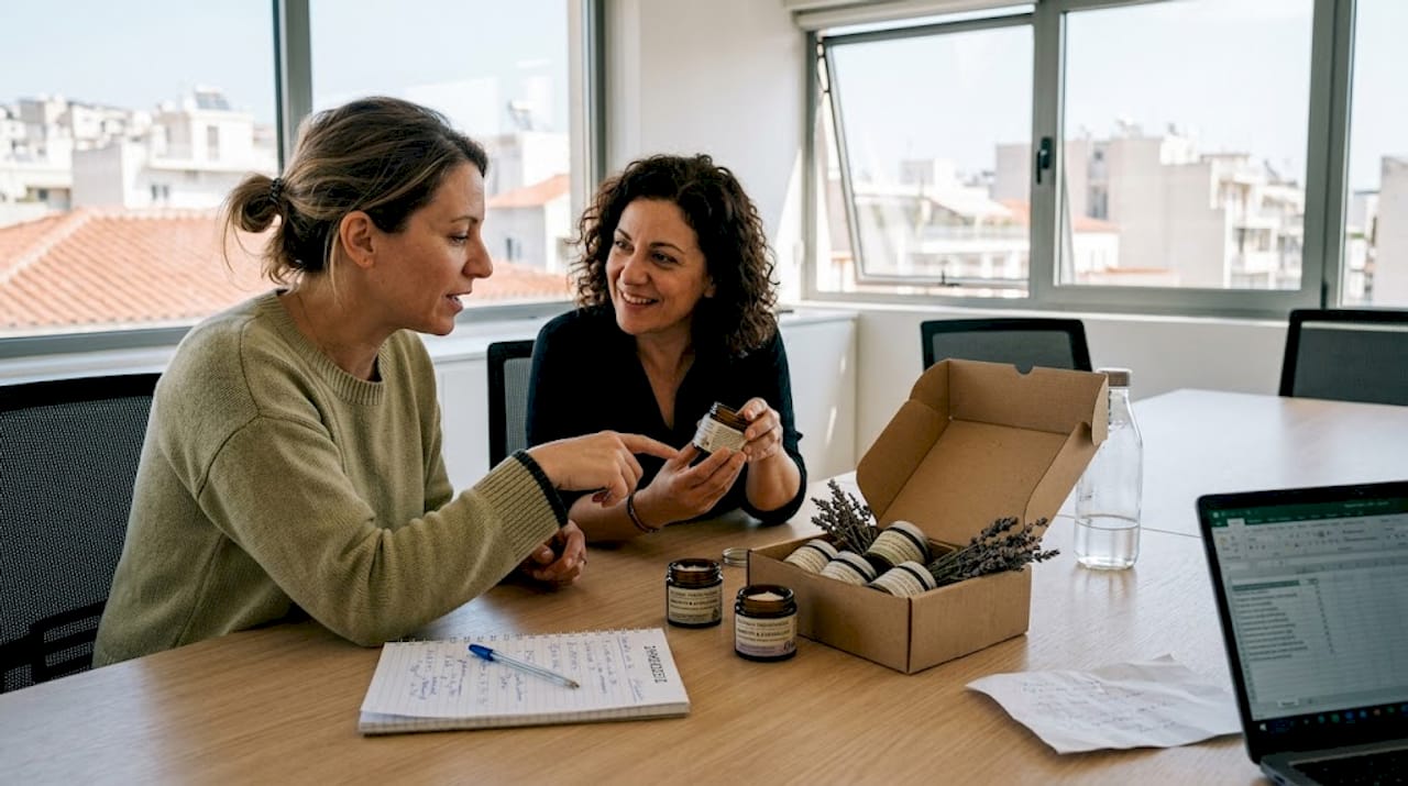 Συνάδελφοι δοκιμάζουν και αξιολογούν ελληνικά προϊόντα περιποίησης προσώπου