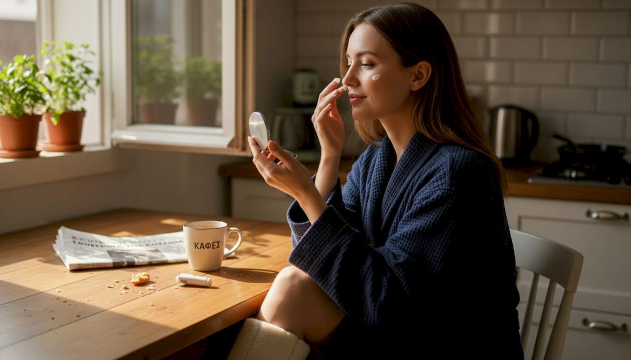 Ένας άνδρας κάθεται στην κουζίνα και απλώνει ενυδατική κρέμα στο πρόσωπό του.