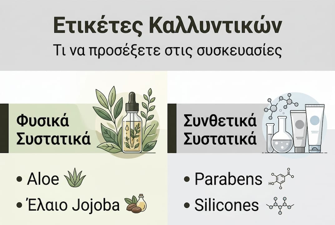 Ενημερωτικό γράφημα με τις βασικές κατηγορίες που θα βρεις στις ετικέτες των καλλυντικών στα ελληνικά