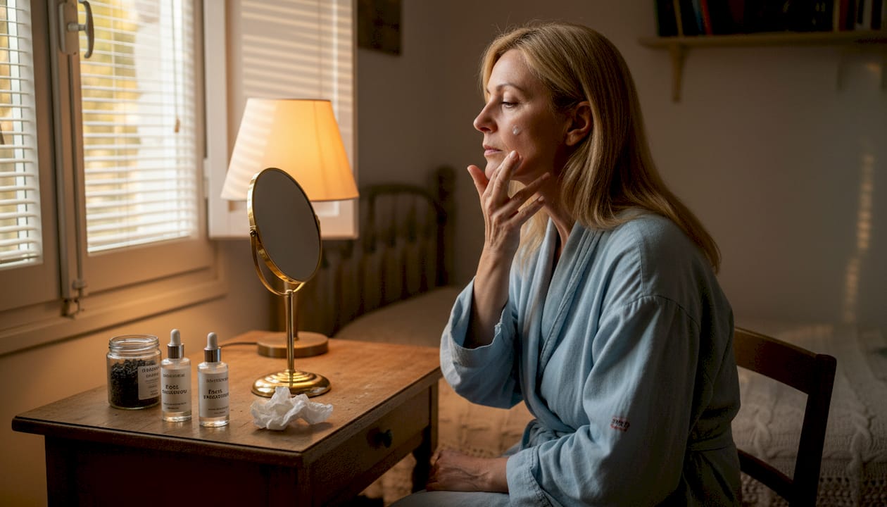 Μια γυναίκα μεγαλύτερης ηλικίας φροντίζει το πρόσωπό της μπροστά στον καθρέφτη του υπνοδωματίου της, εφαρμόζοντας την καθημερινή της ρουτίνα περιποίησης.