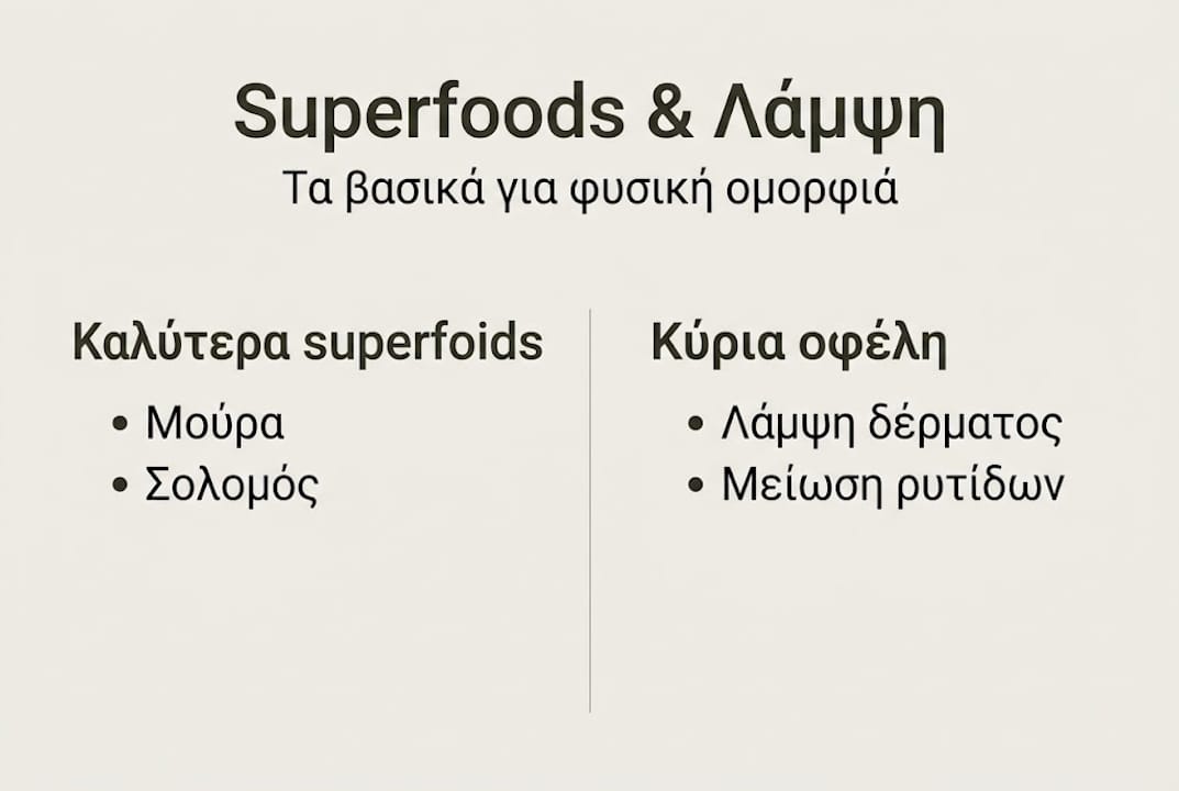 Εικονογραφημένος οδηγός με τα κορυφαία superfoods και τα οφέλη τους για την υγεία της επιδερμίδας