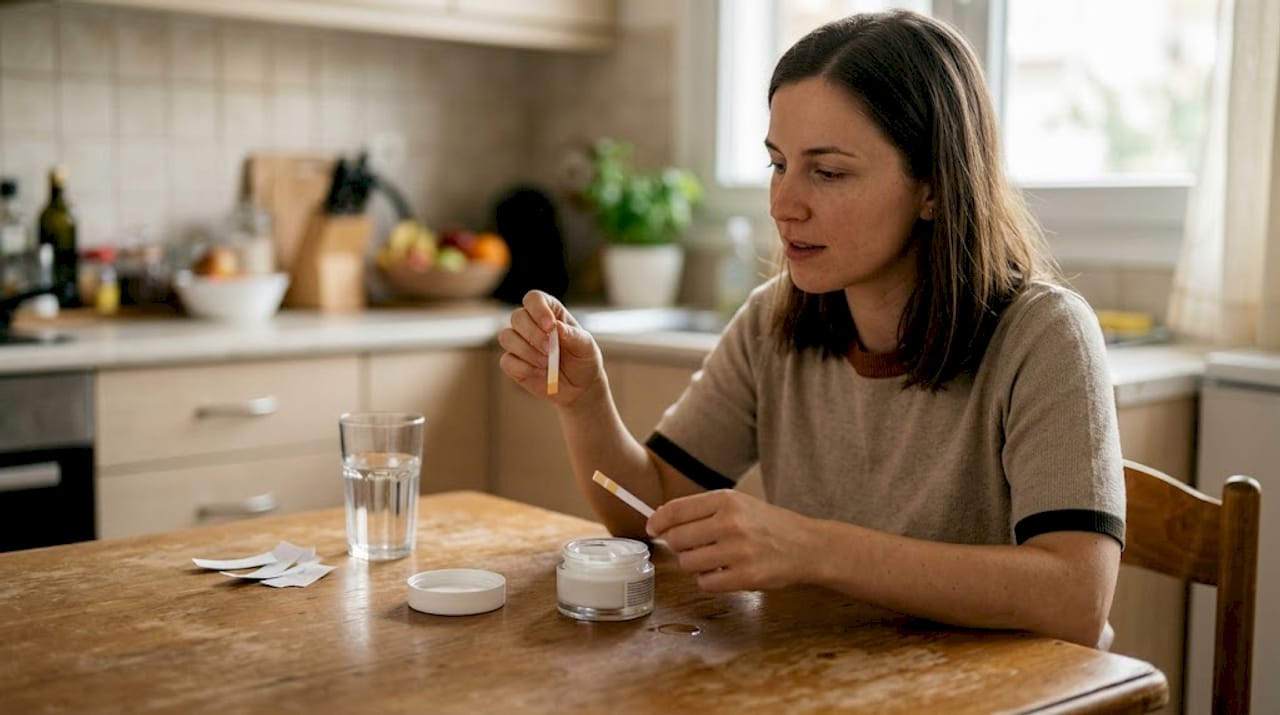Ένας άντρας δοκιμάζει το pH σε μια κρέμα που έχει στο σπίτι του.