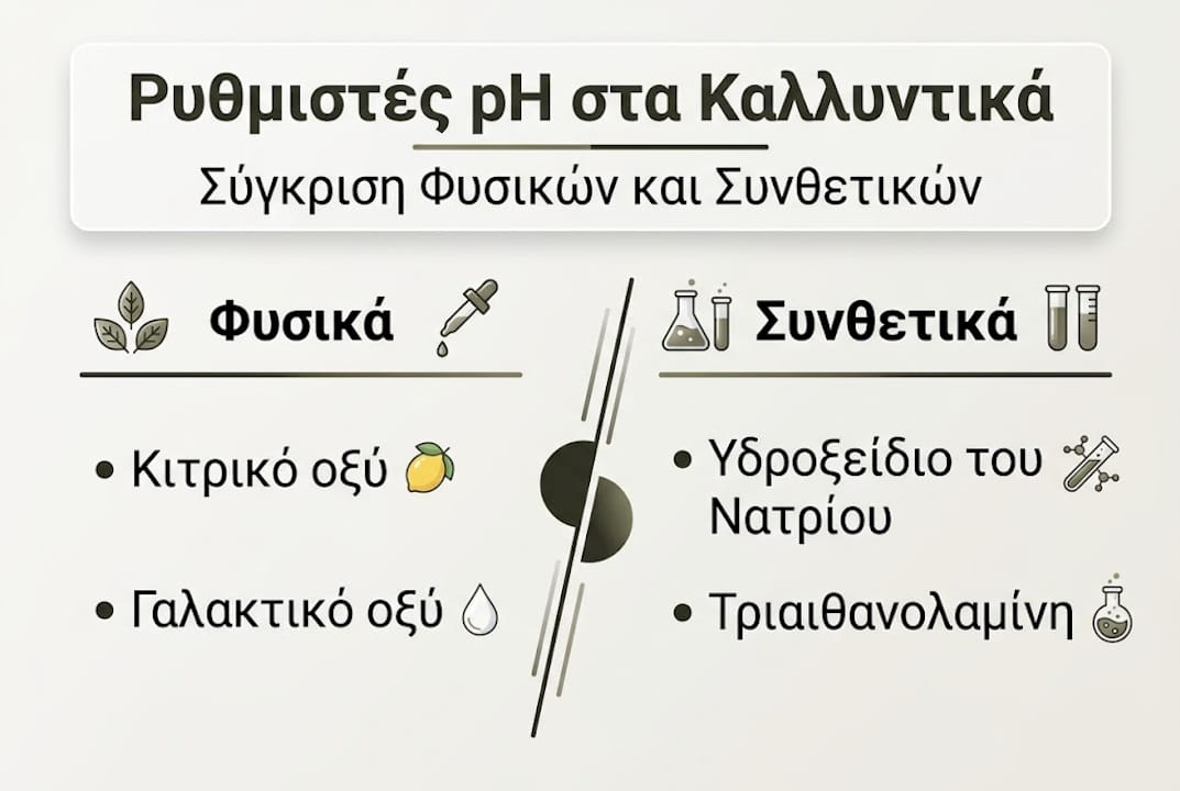 Γραφική απεικόνιση που παρουσιάζει τις διαφορές ανάμεσα στους φυσικούς και τους συνθετικούς ρυθμιστές του pH