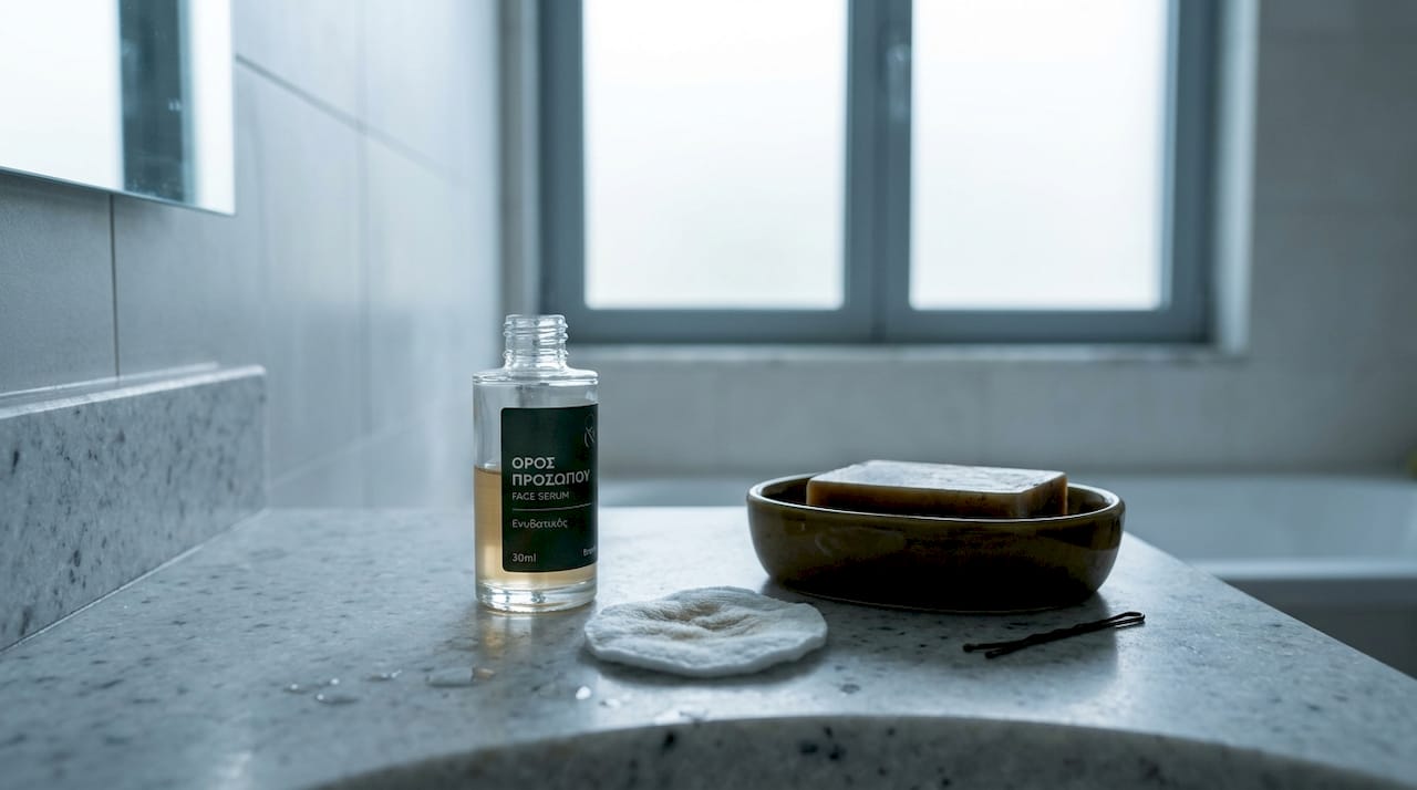 Ένα μπουκαλάκι ορού ακουμπισμένο πάνω στον πάγκο του μπάνιου, ανάμεσα σε όλα τα καθημερινά αντικείμενα.