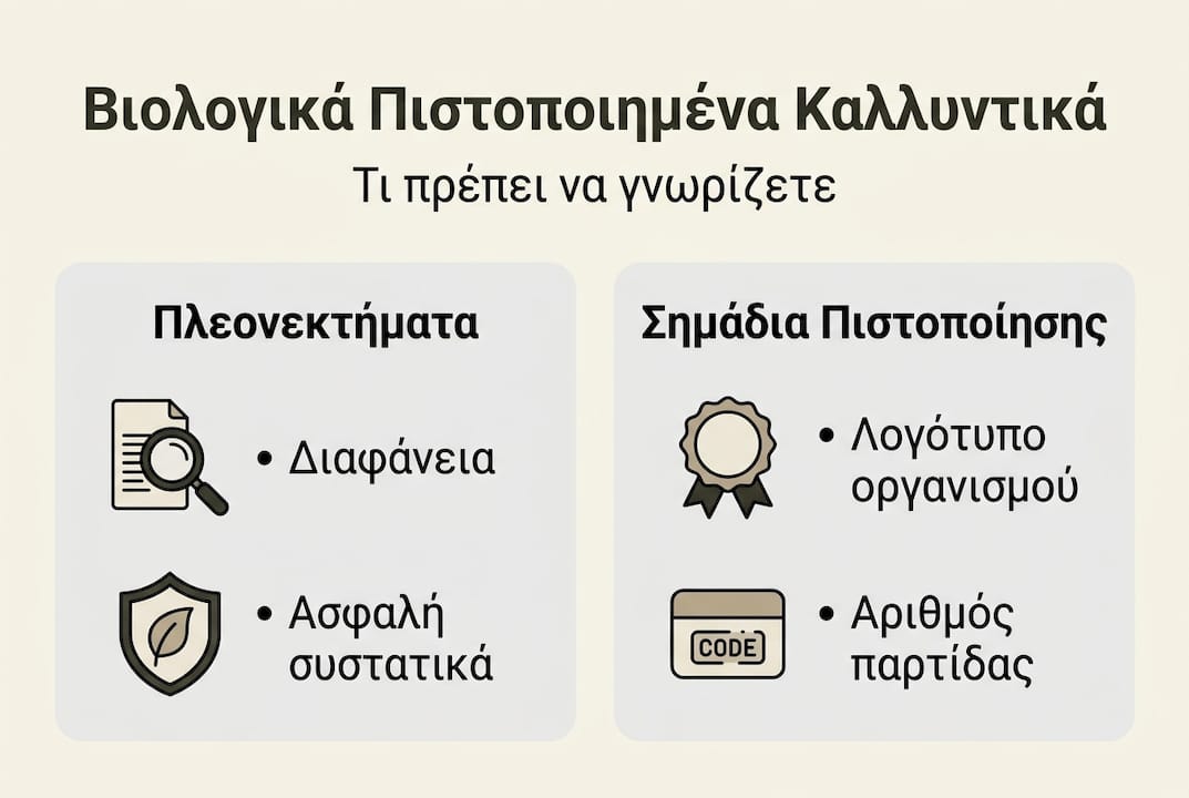 Εικονογραφημένο αφιέρωμα στα οφέλη των βιολογικών καλλυντικών και τα σήματα πιστοποίησης που εγγυώνται την ποιότητά τους.