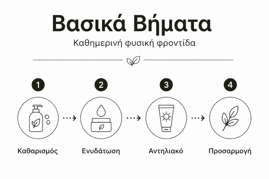 Οδηγός καθημερινής φροντίδας προσώπου με φυσικά προϊόντα — όλα τα βήματα σε ένα infographic