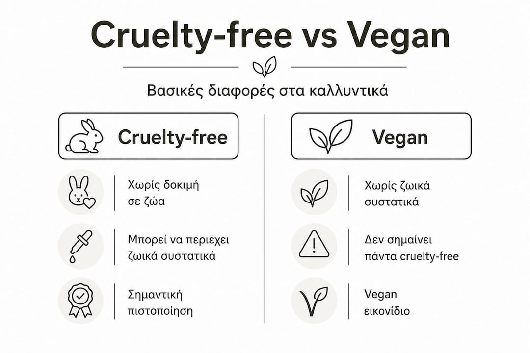 Γραφικό με σύγκριση ανάμεσα σε cruelty-free και vegan καλλυντικά: Τι διαφορές υπάρχουν και τι σημαίνουν στην πράξη;