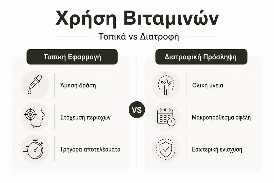 Γραφικό με σύγκριση ανάμεσα στη χρήση βιταμινών τοπικά στο δέρμα και στη λήψη τους μέσω της διατροφής