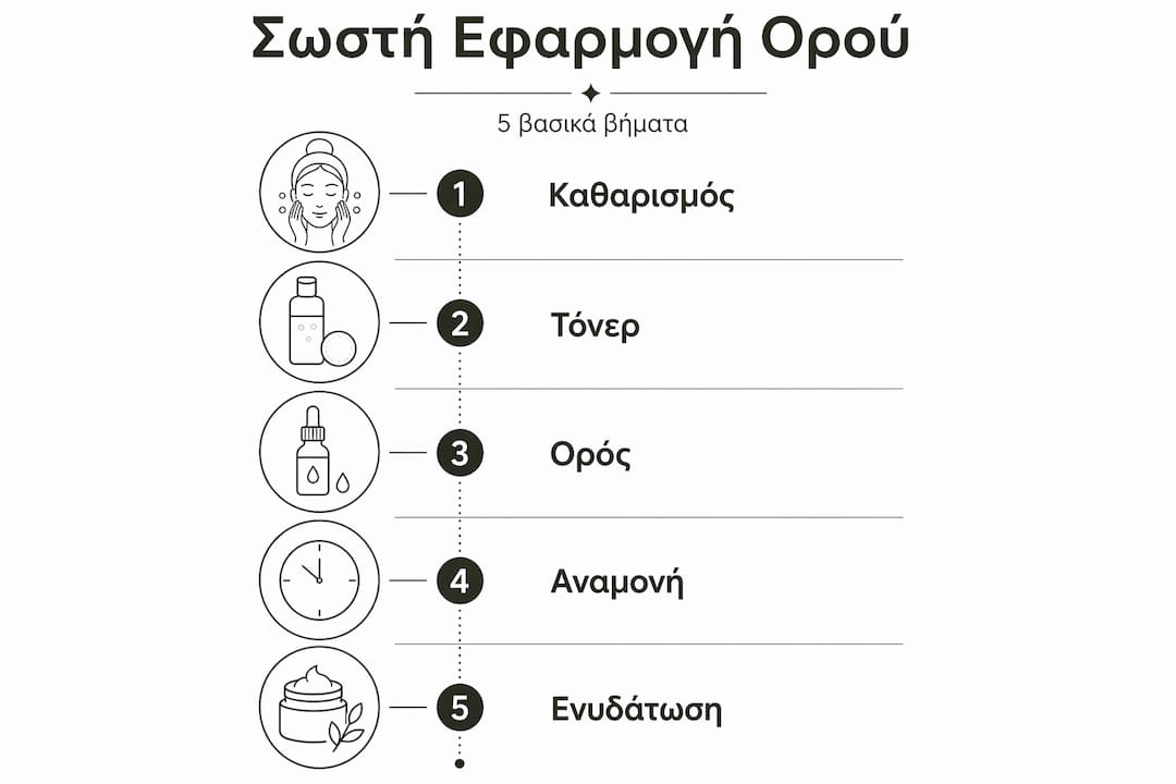 Εικονογραφημένος οδηγός με τα βασικά στάδια για τη σωστή χρήση του ορού στο πρόσωπο