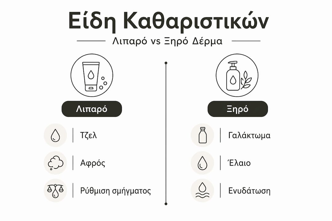 Οδηγός σύγκρισης καθαριστικών προσώπου για λιπαρή και ξηρή επιδερμίδα: Όλα όσα πρέπει να ξέρεις για να διαλέξεις το κατάλληλο προϊόν ανάλογα με τον τύπο του δέρματός σου, συγκεντρωμένα σε ένα εύχρηστο infographic.